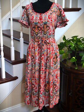 eShakti Red Vibrant Moroccan print Midi dress Tie waist POCKETS custom size 12